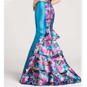 Ellie Wilde Mon Cherie Mermaid Skirt Size S New Prom Blue Floral Ruffle Long